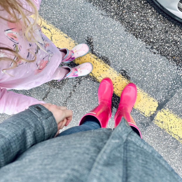 Mom and daughter pink rain boots
