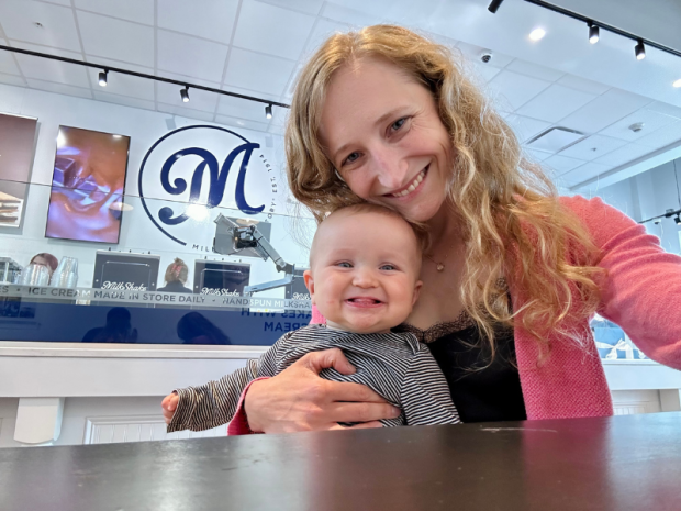 Mom holding baby boy at Milkshake Factory in Pittsburgh