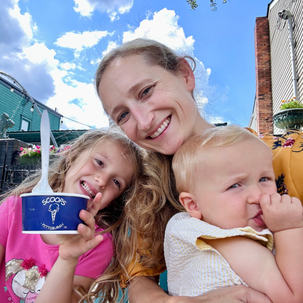 Mom with daughter and son at Scoops in Pittsburgh, PA