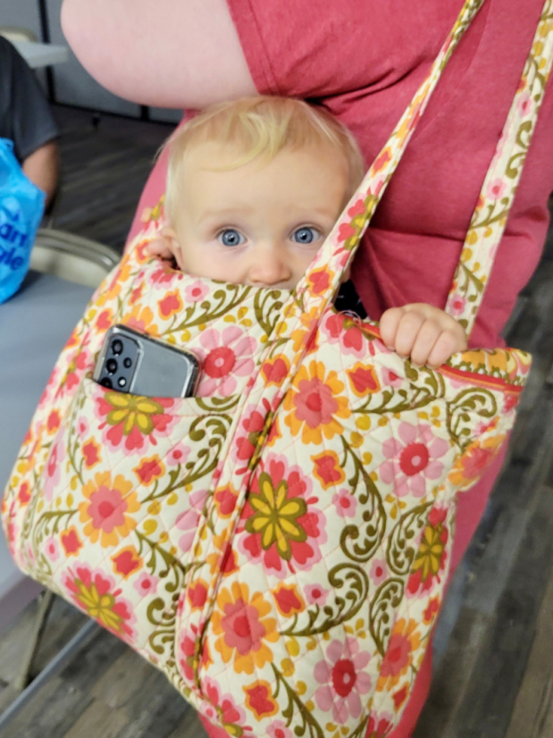 Baby boy in a Vera Bradley purse