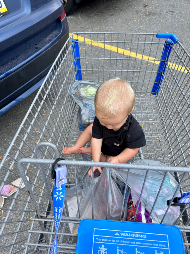 Baby boy sitting in Walmart shopping cart