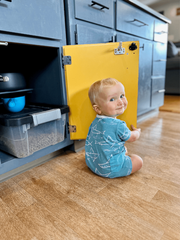 Baby boy sitting by dog food