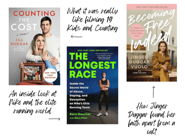 Counting the Cost by Jill Duggar, The Longest Race by Kara Goucher and Becoming Free Indeed by Jinger Vuolo