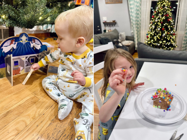 Baby boy playing with Melissa and Doug Nativity and girl decorating gingerbread house