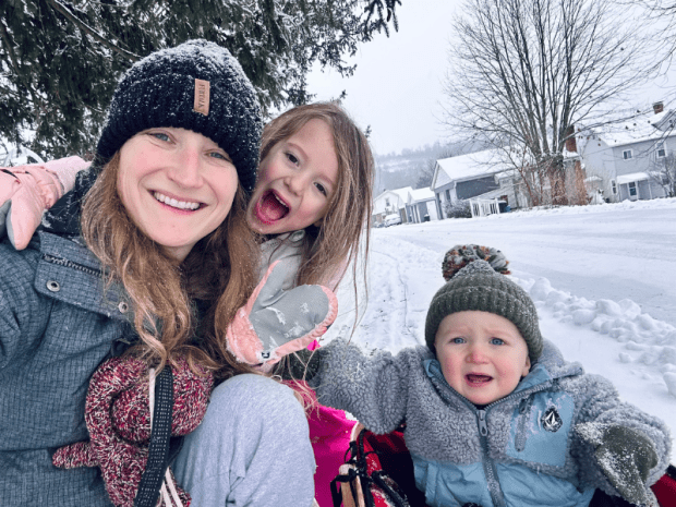 Mom and kids selfie in snow