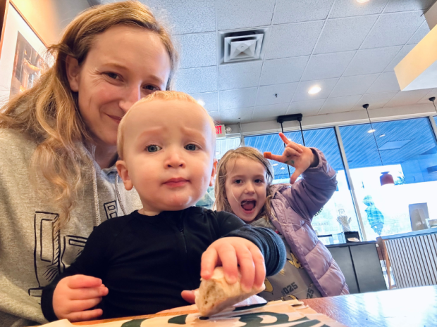 Mom, daughter, and baby boy at Starbucks