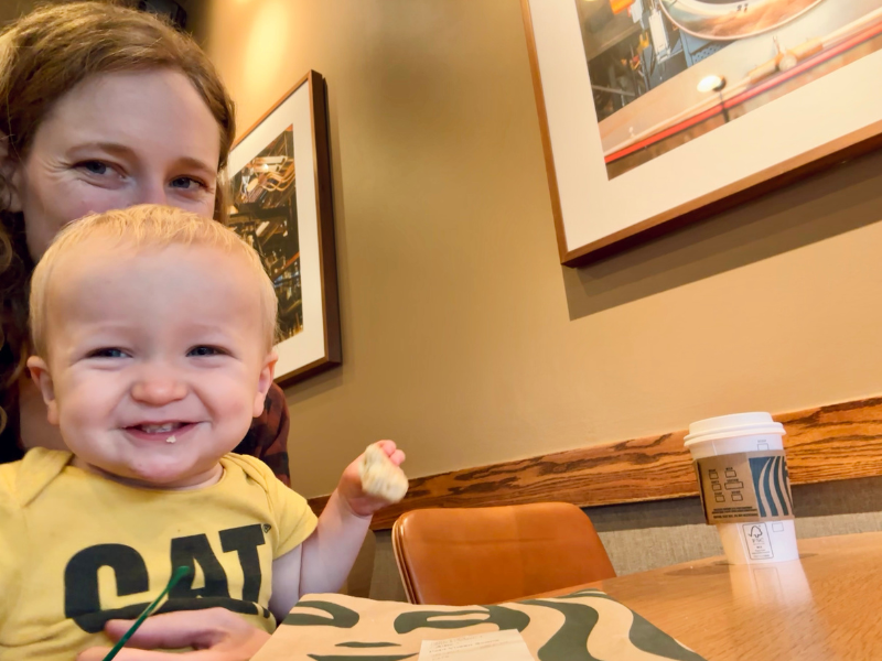 Mom and baby boy at Starbucks