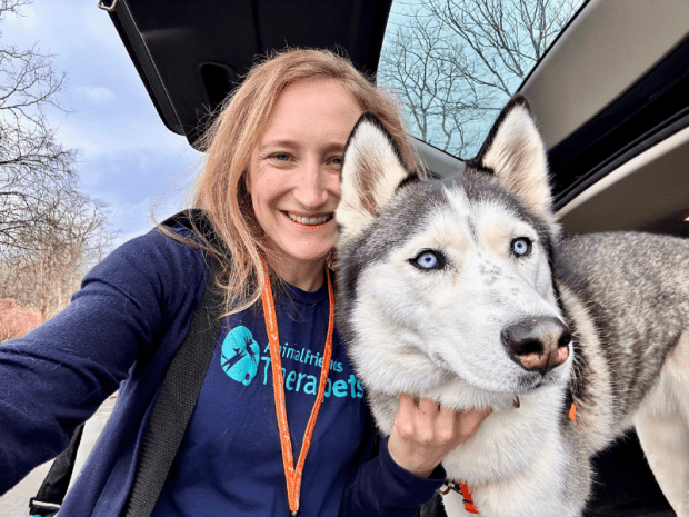 Husky therapy dog and handler selfie