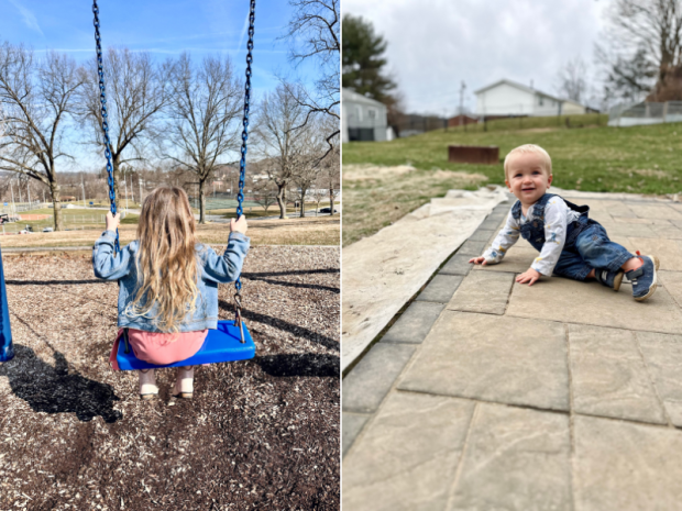 Kids outside on swing and patio