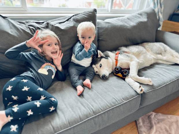 Sadie and Mordecai on the couch with Niva