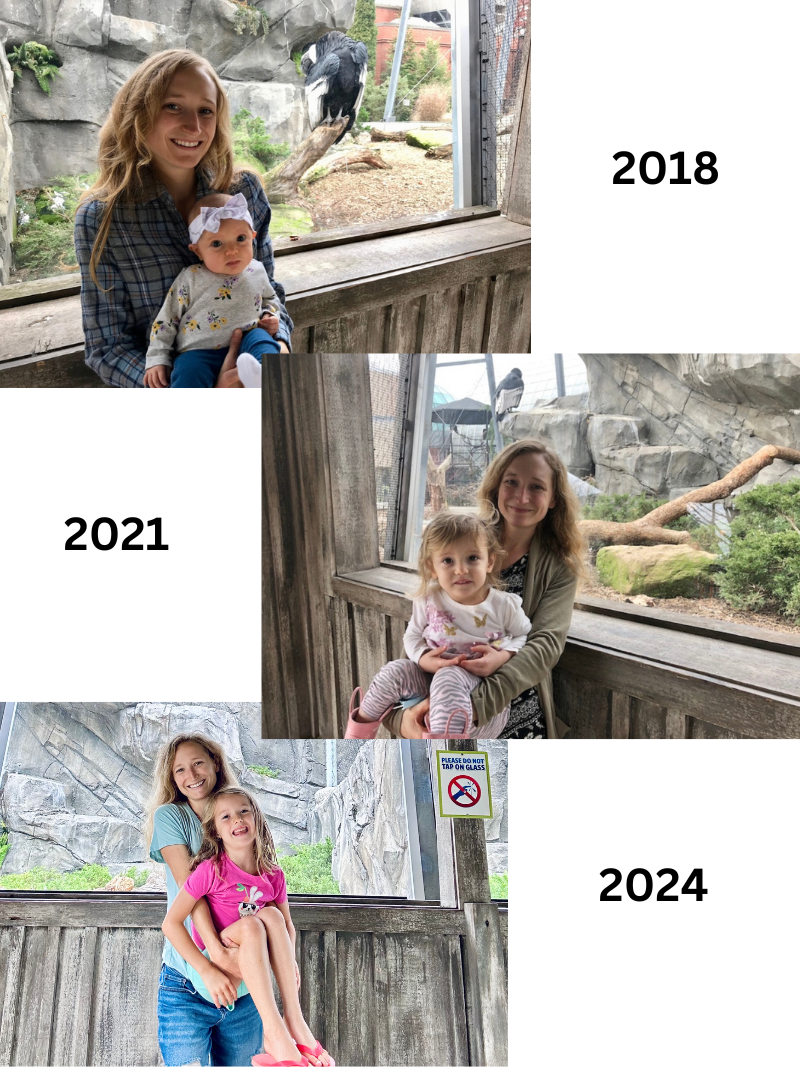 Mom and daughter recreating picture at National Aviary in Pittsburgh, PA