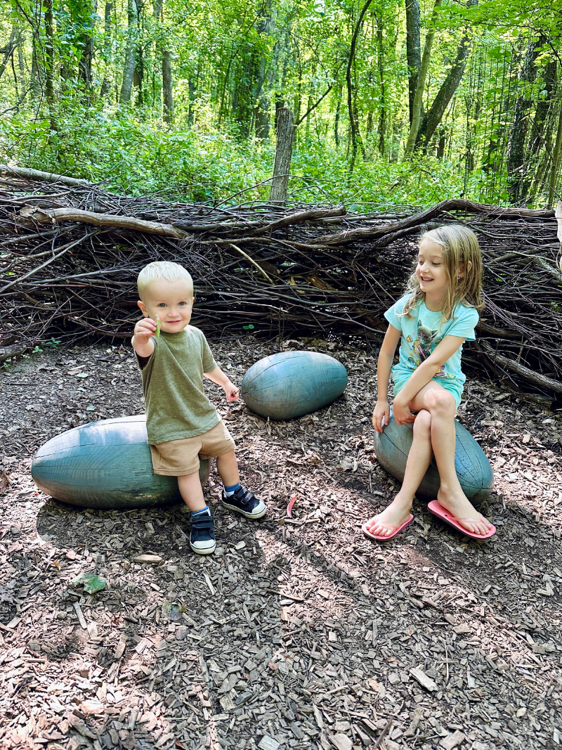 Kids sitting in giant birds nest at Pittsburgh Botanic Gardens