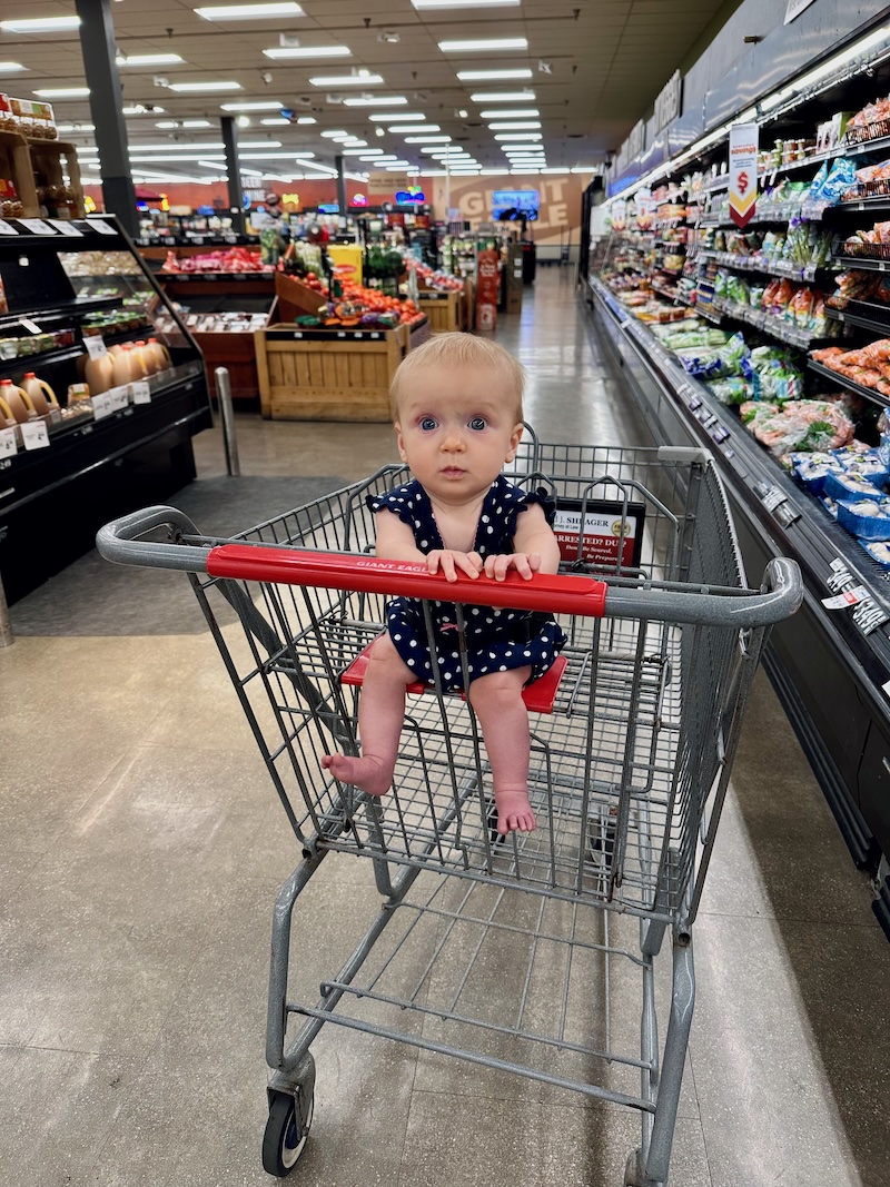 Baby girl sitting in shopping cart