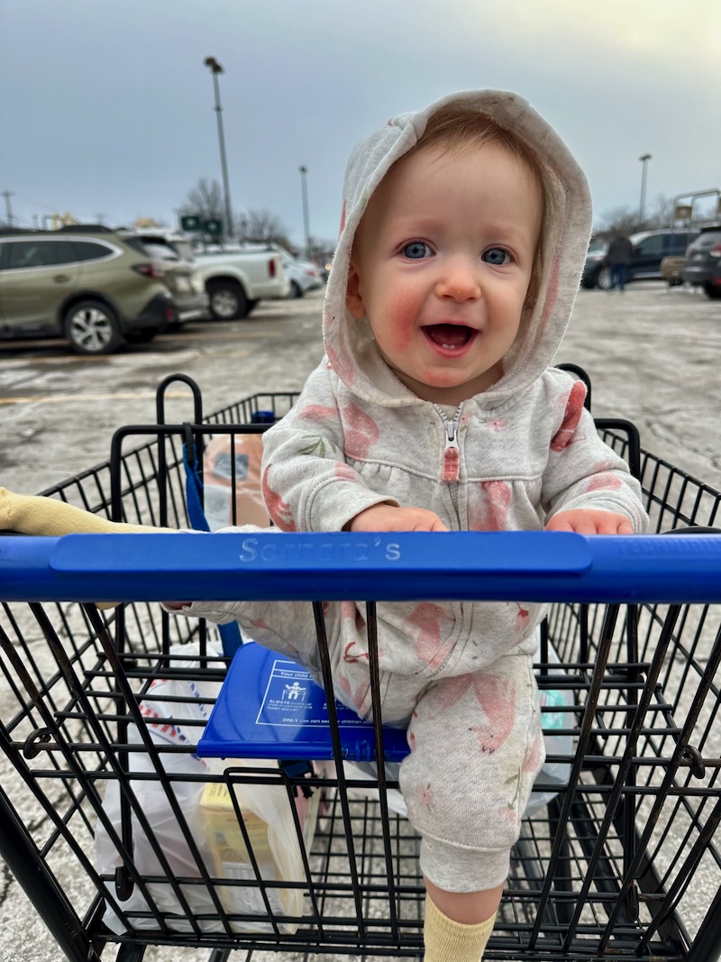 Baby girl sitting in shopping cart