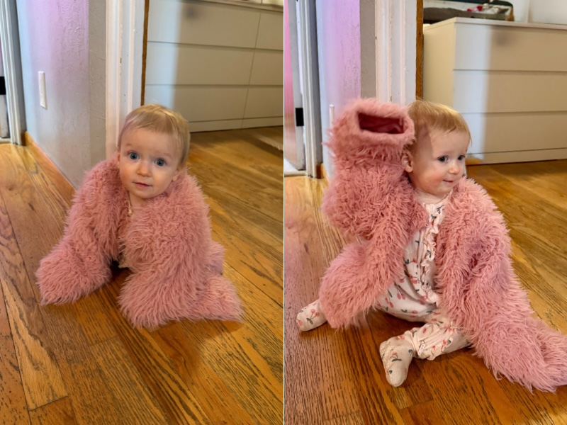 Baby girl with pink fuzzy jacket on