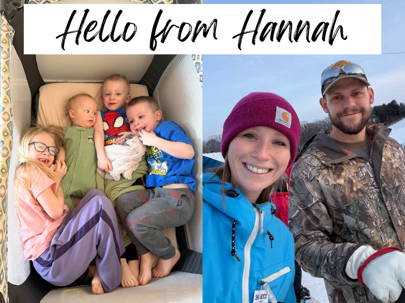 Kids snuggled in a crib and husband and wife in snow