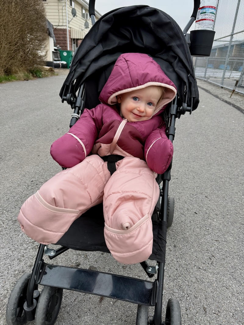 Baby girl in snow suit in stroller