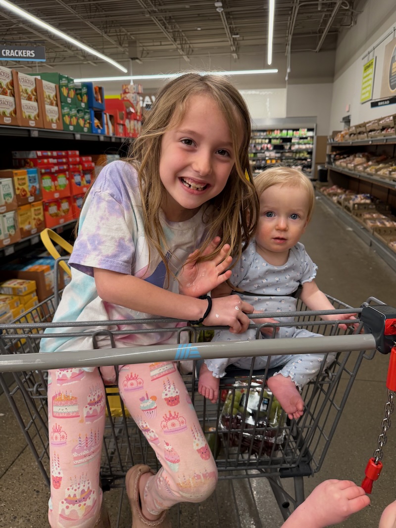 Big sister and baby sister in Aldi shopping cart