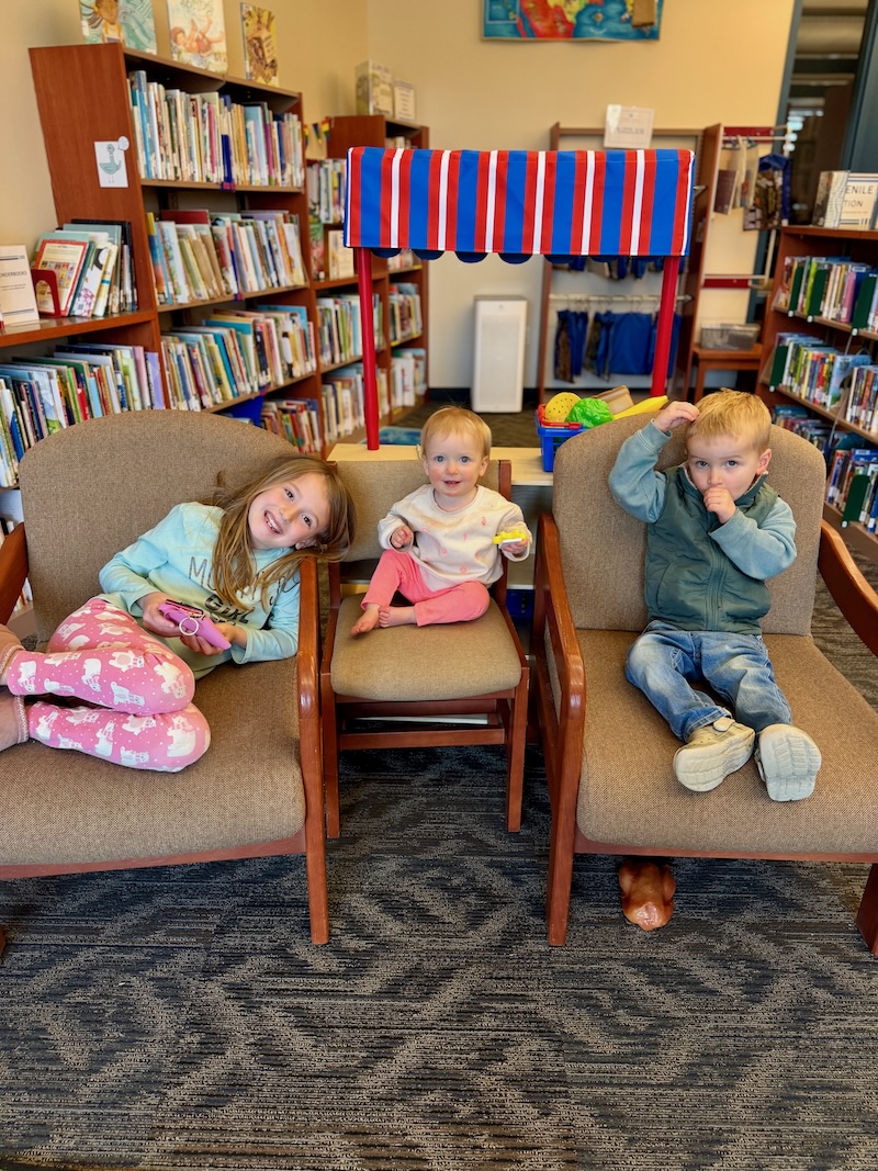 Siblings sitting chairs at library