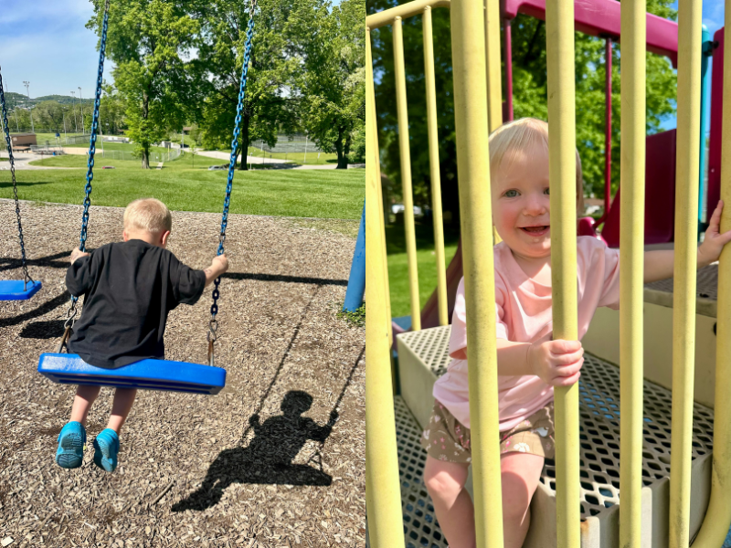 Toddler boy on swing and baby girl on stairs at park