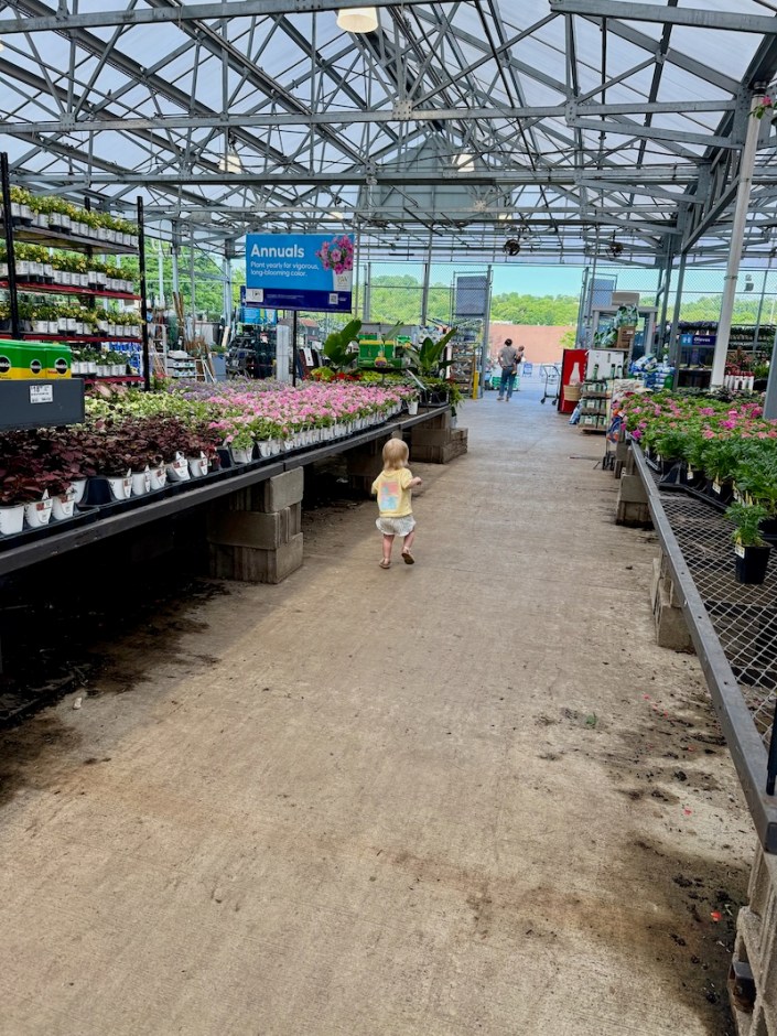 Toddler girl walking around Lowe's