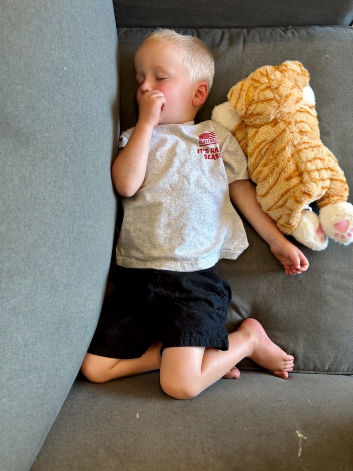 Toddler boy sleeping on couch
