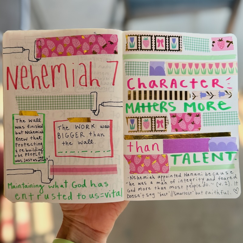 Nehemiah 7 notes in Bible journal