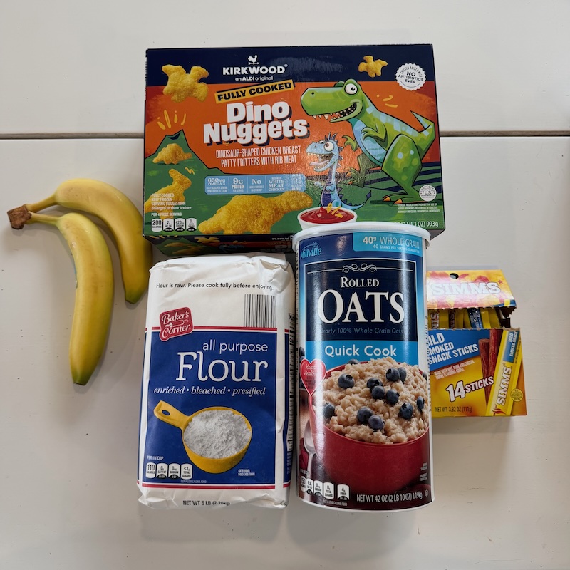 Aldi groceries on white table