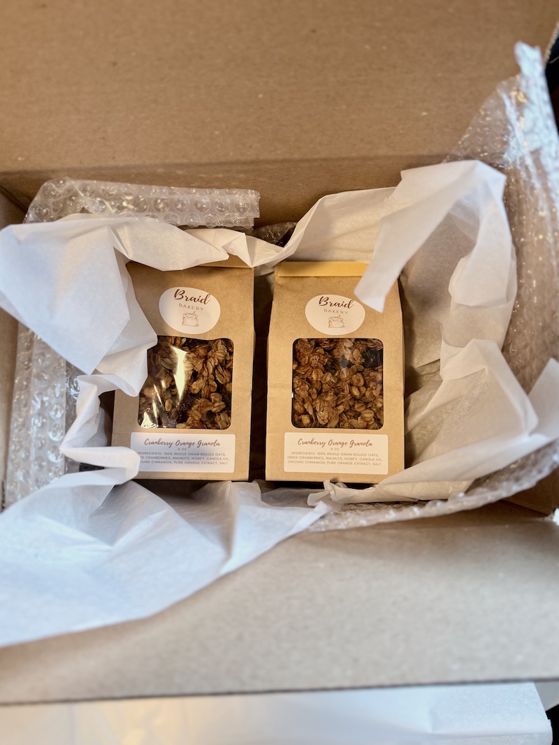 Braid Bakery granola in shipping box