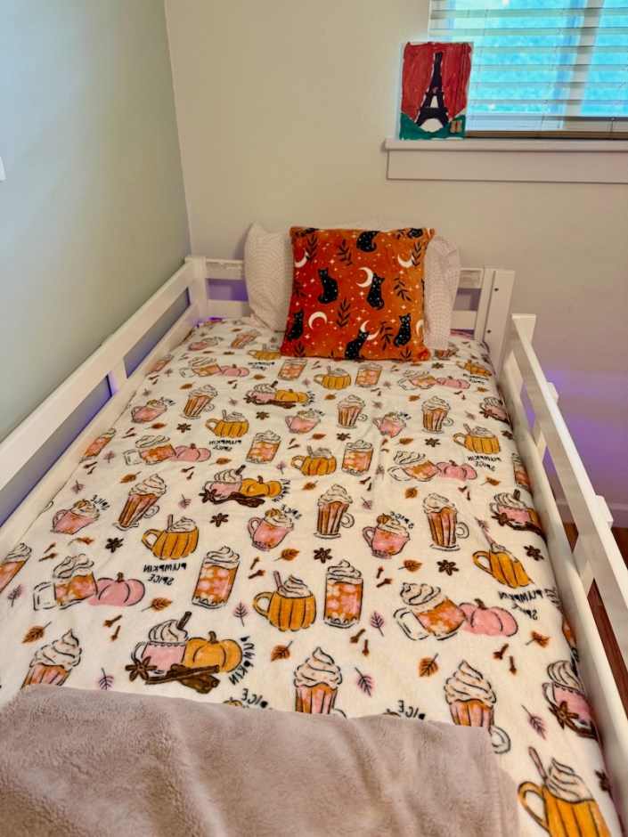 Fall blanket and pillow on bed