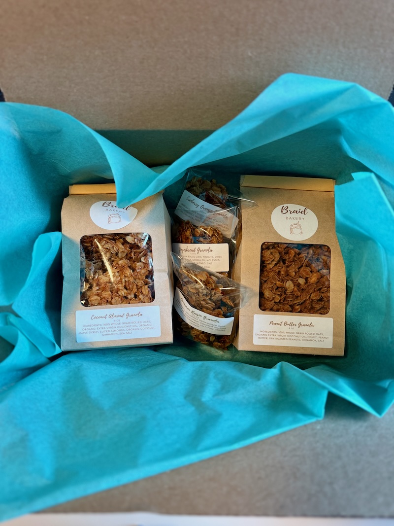 Braid Bakery granola in shipping box