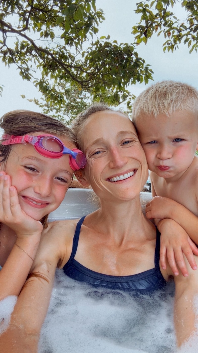 Mom and kids selfie in hot tub