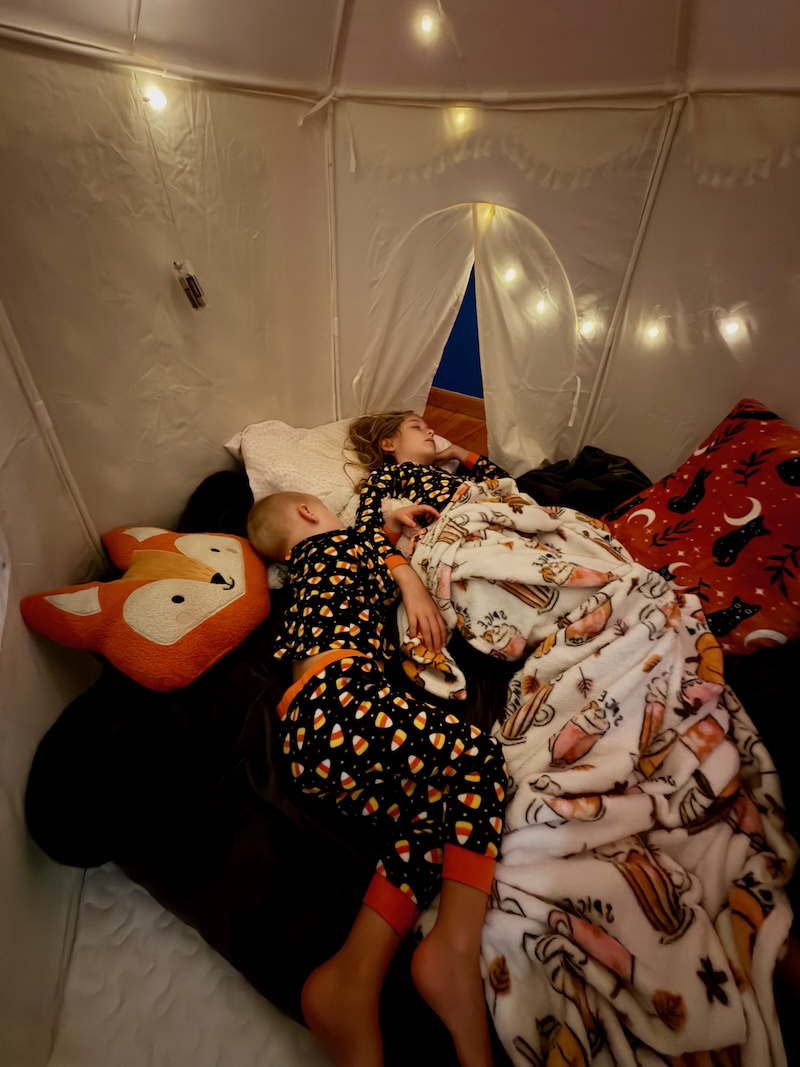 Kids sleeping in play tent